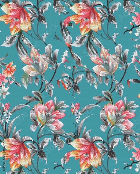 Fototapeta Seamless Floral Pattern with Leaves and Textures