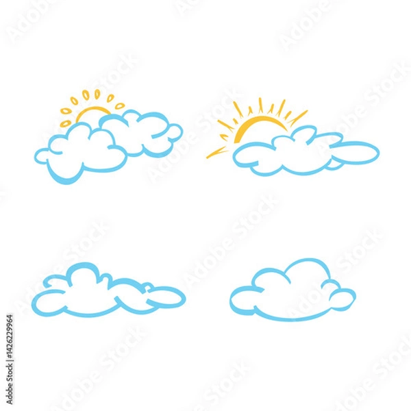 Fototapeta Linear cloud vector drawings. Sun and cloud illustrations.