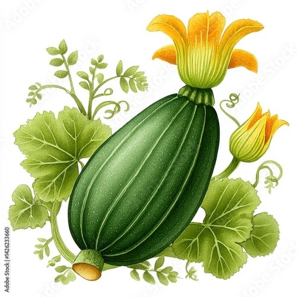 Fototapeta Detailed Illustration of Dark Green Squash with Yellow Flower and Foliage