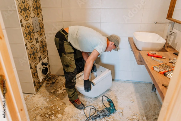 Fototapeta A construction worker installs a toilet in a bathroom under renovation, with tools and debris scattered on the unfinished tiled floor..