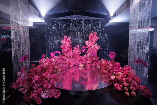 Fototapeta Arch for the wedding ceremony is decorated with bright pink flowers, spotlights and a podium.