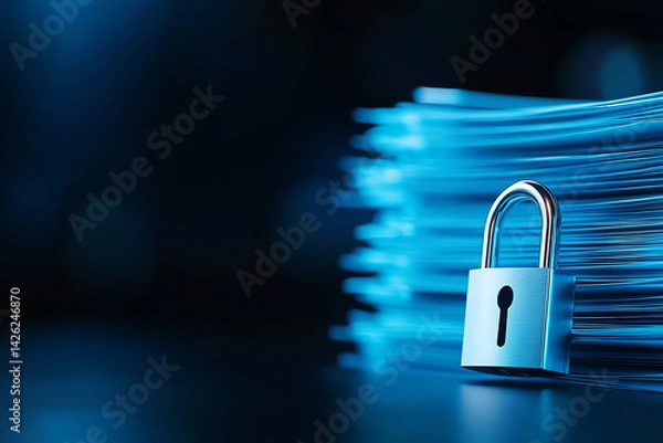 Fototapeta Stack of blue folders is secured with silver padlock, symbolizing data protection and security. background is dark, enhancing focus