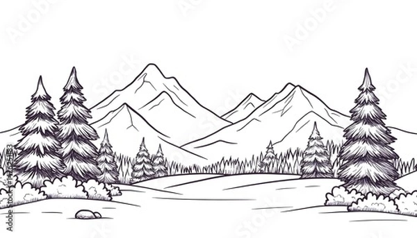 Fototapeta Hand-drawn sketch of a snow-capped mountain range with evergreen trees and a flat foreground
