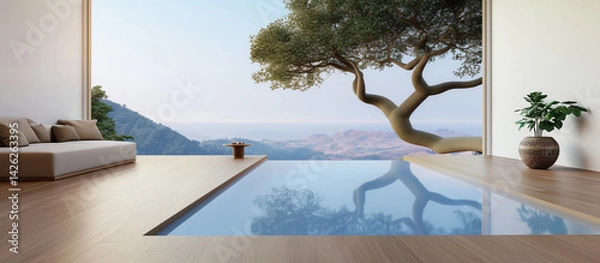 Obraz Cozy minimalist interior with infinity pool and panoramic mountain view through large window