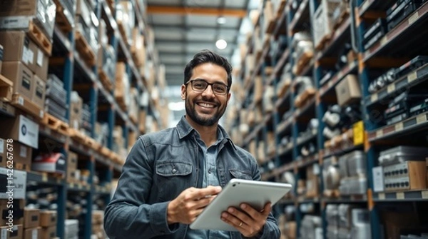 Fototapeta Cheerful man with tablet in hardware store warehouse