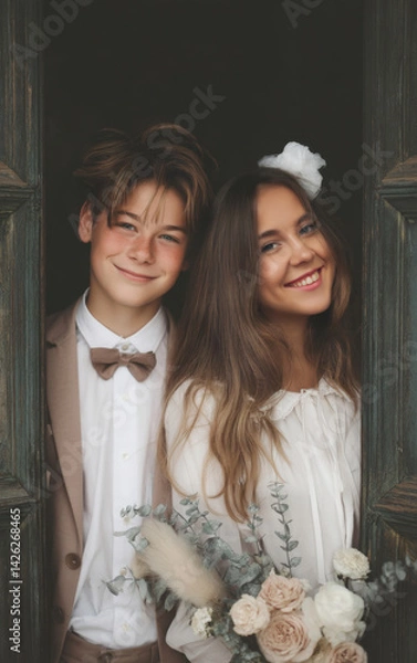 Obraz Happy teenagers standing in a doorway during confirmation ceremony, dressed in formal clothes and smiling brightly
