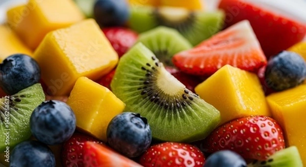 Fototapeta Fresh Mango Strawberry Kiwi Blueberry Fruit Salad - A vibrant mix of fresh mango, strawberry, kiwi, and blueberry pieces. Symbolizing health, freshness, vitality, deliciousness, and summer
