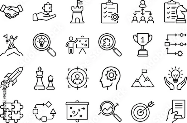 Fototapeta Business Strategy and Leadership Icons Set – Line Art Vector Illustration