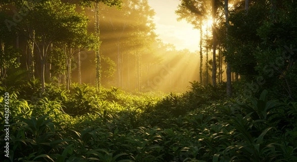 Fototapeta Golden Rays in Lush Forest - Sunbeams pierce a vibrant green forest, creating a magical, serene atmosphere. Perfect for nature, travel, and environmental themes