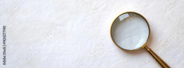 Obraz A magnifying glass with a polished golden handle is placed on a smooth white surface, showcasing its clarity and practicality. This still life arrangement evokes a sense of curiosity and exploration