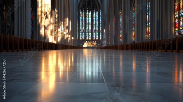 Obraz Sunlight streams through vibrant stained glass windows of a historic cathedral, casting colorful reflections on the polished marble floor during morning service. Worshippers gather in quiet reverence