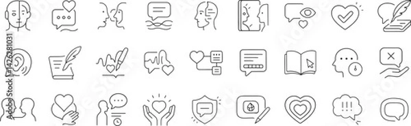 Obraz AI emotional dialogue line icon set. Vector pictograms of conversation, empathy, therapy, support chat, feedback, identity, understanding, thin linear illustration.