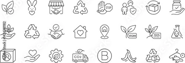 Obraz Ethical production line icon set. Vector pictograms of eco, friendly, vegan, plastic free, organic ingredients, recyclable, certified, non toxic, thin linear illustration.