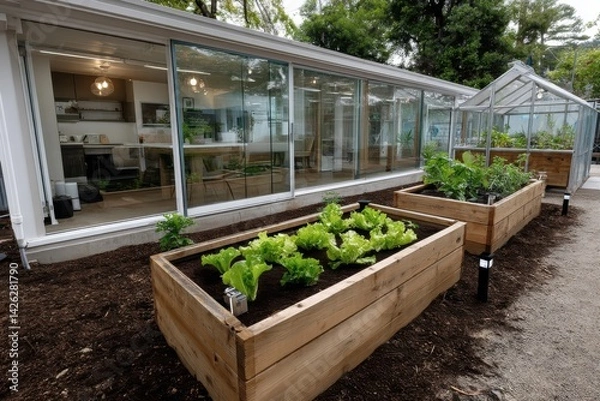 Fototapeta A minimalistic and tidy greenhouse is filled with vibrant produce, reflecting a commitment to sustainable living and the beauty of home gardening in urban areas.