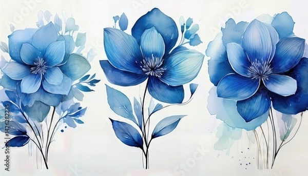 Fototapeta Abstract Watercolor Set of Three Blue Flowers Vibrant Swirls Echoing an Ethereal Dreamscape, Offering Tranquility and Serenity