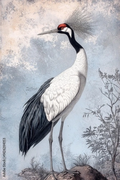 Fototapeta A highly detailed vintage scientific illustration of an crane bird, in the style , 19th century ornithological print, naturalistic pose, fine feather texture, soft pastel background with wetland scene