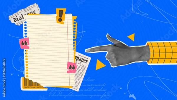 Obraz Trendy Paper Scrap Halftone Collage Background. Playful collage with a pointing hand, notebook paper, quotes, and newspaper scraps on a blue background. A mix of retro, editorial, and creative design.