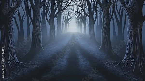 Fototapeta Mysterious fog-shrouded path through leafless trees in a dark forest, ideal for Halloween or fantasy settings
