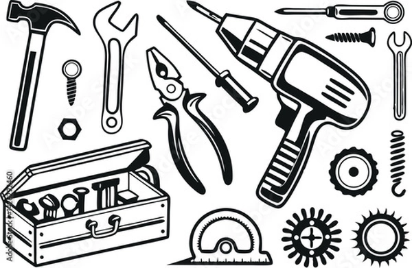 Obraz Tools vector silhouette. Construction tool collection