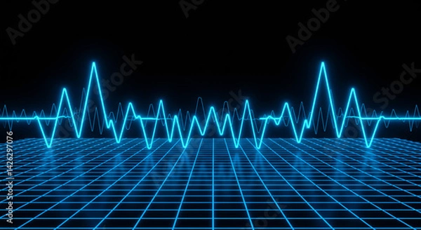 Fototapeta Abstract Blue Neon Waveform on Grid Digital Art Background
