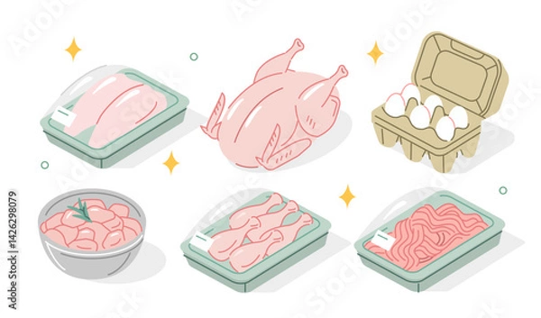 Fototapeta Fresh meat and eggs set. Raw chicken breasts filet, drumsticks, thighs, minced meat and other poultry carcass parts set in supermarket packaging. Healthy eating concept. Isometric vector illustration.