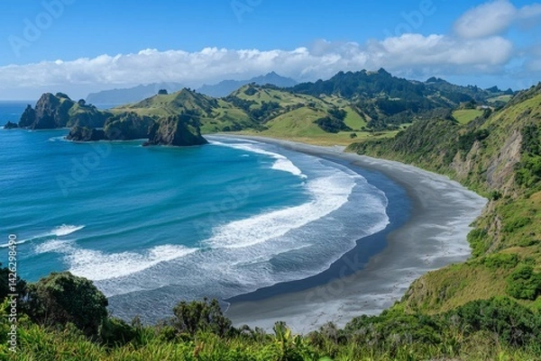 Fototapeta Coastal view of a tranquil beach with waves rolling in and lush green hills on a clear sunny day