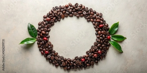 Fototapeta Circular arrangement of roasted coffee beans and fresh leaves creating a frame for text or logo