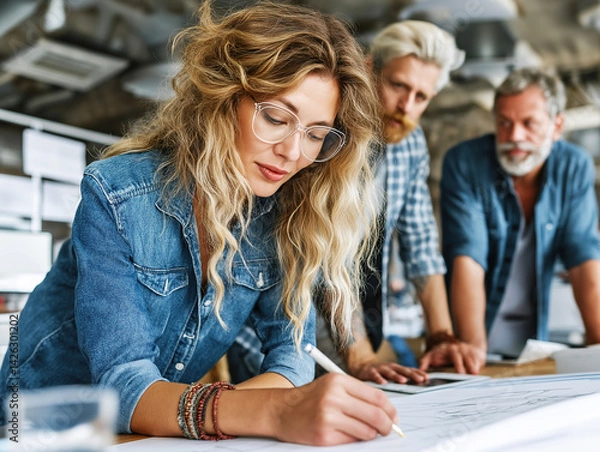 Obraz a group of diverse business people collaborating in a modern office, teamwork, productivity, professional attire, 