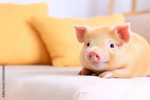 Fototapeta Adorable tiny piglet rests on a light beige couch