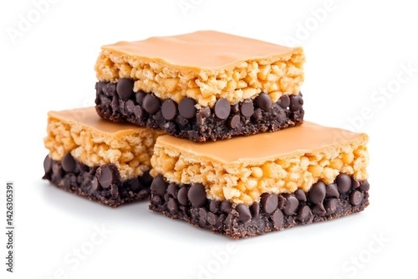 Fototapeta Three layered caramel-topped chocolate chip brownie squares