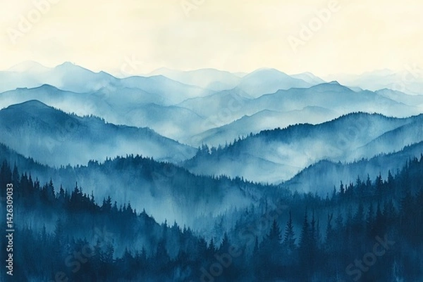 Fototapeta Blue mountain range enveloped in mist at dawn with forested valleys and soft sky hues