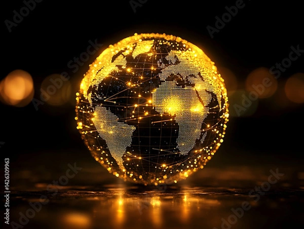 Fototapeta Glowing globe shows continents outlined by light dots connected with shimmering lines on dark background