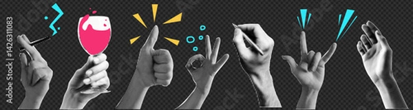 Obraz Set of collage elements with hands with wine glass and writing and smoke. Vector set kit