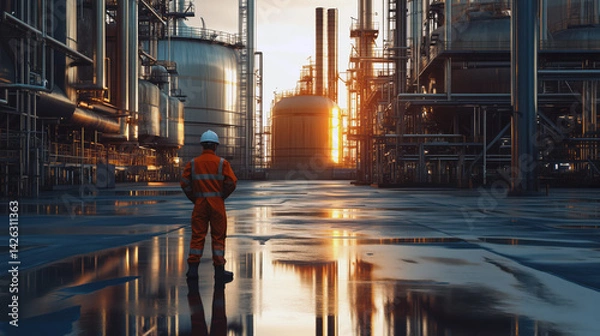 Obraz Man in a reflective vest stands in front of a large industrial plant or oil refinery at sunset. The man is a worker, possibly a safety inspector