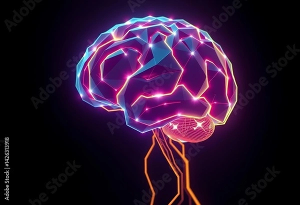 Fototapeta Glowing polygonal brain, futuristic neon circuit lines, abstract sci-fi head , glow,  empty space