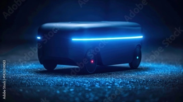 Obraz Autonomous delivery robot with glowing blue lights operating in dark urban environment. Concept of fully automated logistics, AI-driven e-commerce solutions, smart last-mile delivery, and futuristic.
