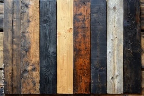 Fototapeta Wooden panel background showcasing various textures and colors arranged in vertical stripes in natural decor