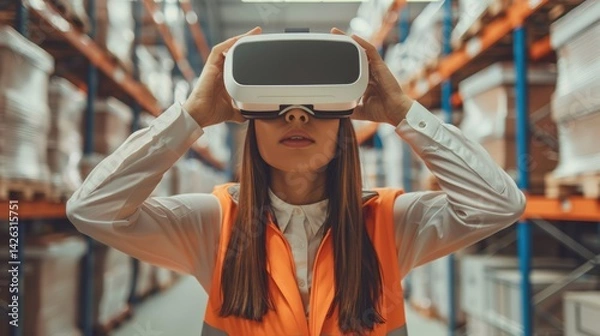 Fototapeta Warehouse worker in safety vest using a VR headset for logistics and inventory management. Augmented reality applications enhancing warehouse efficiency and order fulfillment.