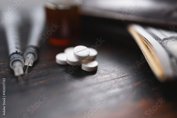 Obraz White pills, narcotics or medicine, syringes and glass vial with substance, wallet and US dollar banknotes on a dark wooden table, close-up view