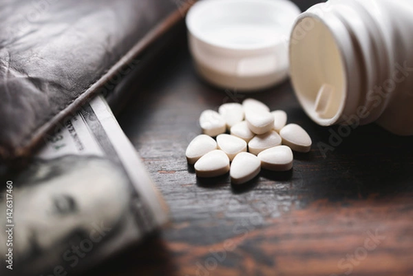 Obraz White medicine pills, medication, treatment with US dollar banknotes and wallet, close-up view