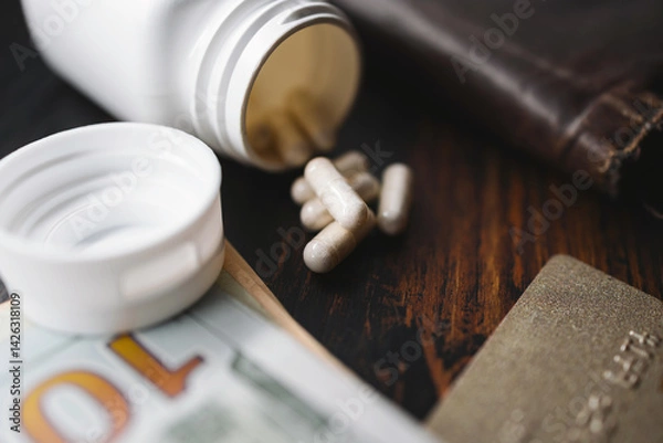 Obraz White medicine capsules and medication pills with US dollar banknotes, credit card and wallet, close-up view