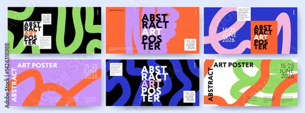 Obraz Creative concept of horizontal posters or covers with modern abstract design with hand drawn wavy shapes and lines. Bright art templates for ads, branding, banner or flyer, cover, label, print, sales