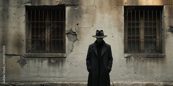 Obraz Mysterious shadow figure in a fedora stands near a barred window.