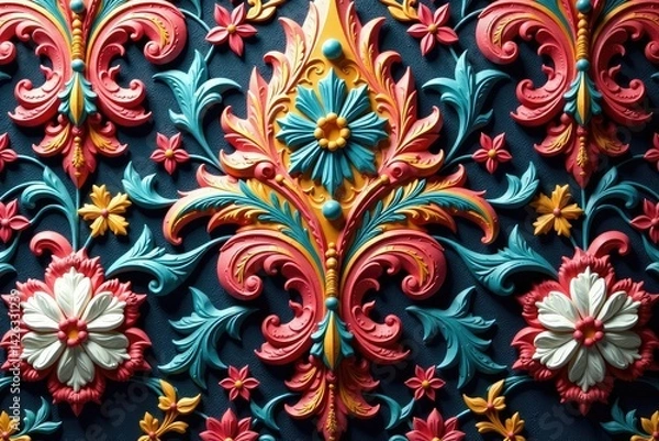 Fototapeta Intricate floral damask textile, elegant swirls , damask, home decor, fabric texture
