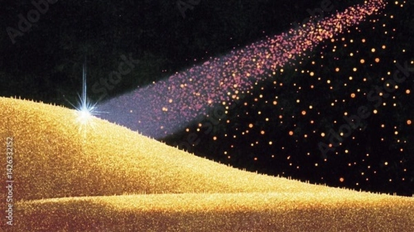 Obraz Stunning scene of a golden, glittering dune under a bright star, with streams of pink and orange particles in the dark sky—ideal for wallpaper.