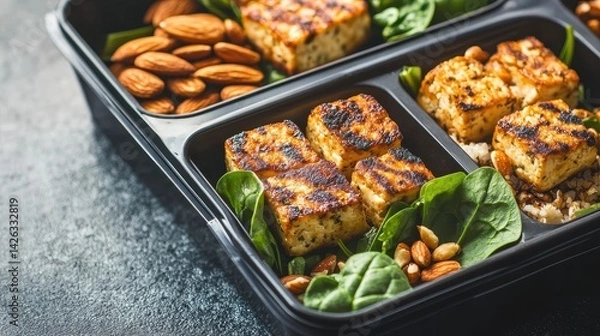 Fototapeta Beautifully presented meal prep box with portion-controlled superfoods, almonds, spinach, and grilled tofu, balanced nutrition and wellness concept. 