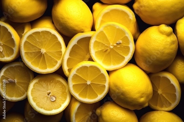 Obraz Fresh lemons background. Whole and cuted Lemons. Generative AI