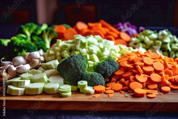Obraz Top view set of sliced fresh vegetables serving on cutting board on wooden table. Generative AI