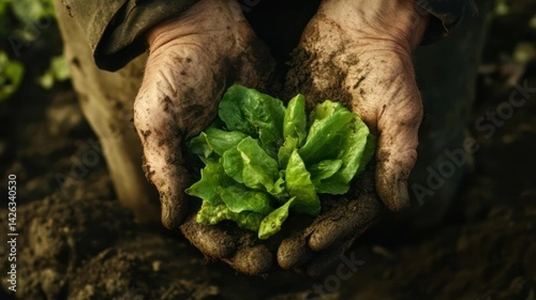 Fototapeta  cradling a small bundle of freshly picked lettuce, the green leaves vibrant against the soil 