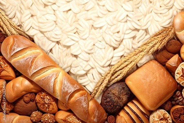 Obraz Bread background staple food concept with a group of baked goods from a bakery or home cooking made from whole wheat and grains.  Generative AI.